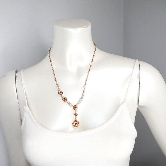 Gold Tone Pendant Necklace Rhinestone Pink Gems Asymmetrical Fashion Jewelry - Picture 3 of 10